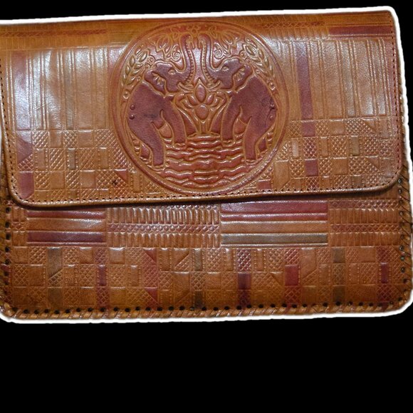 Vintage Shantiniketan Leather 2-Pc Bundle: Elephant Bag & Wallet - Good Luck - Picture 4 of 8